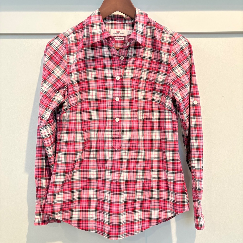 Vineyard‎ Vines Popover Shirt 0 Pink Cotton Cashmere Blend Button Plaid Preppy